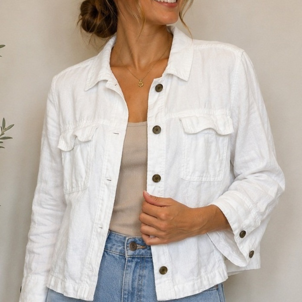Nicole Miller White Linen Denim Style Trucker Jacket Womens Size Medium
